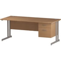 Impulse Rectangular Office Desk W1800xD800xH730mm Silver Double Cantilever Legs Oak Top - Supplied With Matching 2-Drawer Fixed Pedestal