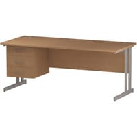 Impulse Rectangular Office Desk W1800xD800xH730mm Silver Double Cantilever Legs Oak Top - Supplied With Matching 3-Drawer Fixed Pedestal