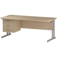 Impulse Rectangular Office Desk W1800xD800xH730mm Silver Double Cantilever Legs Maple Top - Supplied With Matching 3-Drawer Fixed Pedestal