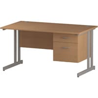 Impulse Rectangular Office Desk W1400xD800xH730mm Silver Double Cantilever Legs Oak Top - Supplied With Matching 2-Drawer Fixed Pedestal