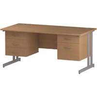 Impulse Rectangular Office Desk W1600xD800xH730mm Silver Double Cantilever Legs Oak Top - Supplied With Matching 2 & 3-Drawer Fixed Pedestals