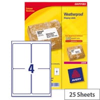 Avery L7994-25 Weatherproof Shipping Labels Laser 4 per Sheet 99.1x139mm 100 Labels