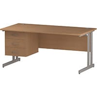 Impulse Rectangular Office Desk W1600xD800xH730mm Silver Double Cantilever Legs Oak Top - Supplied With Matching 3-Drawer Fixed Pedestal