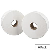 2Work Pack of 6 Jumbo 76mm Core Dispenser Toilet Paper Rolls Refills 2Ply White 92mm x 410m J27410