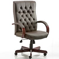 Chesterfield Traditional Executive Office Chair - Brown Leather Seat & Back - Fixed Wooden Padded Arms - Wooden 5 Star Castor Base - Weight Tolerance: 110Kg