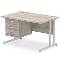 Impulse Rectangular Office Desk W1200xD800xH730mm Silver Double Cantilever Legs Grey Oak Top - Supplied With Matching 3-Drawer Fixed Pedestal