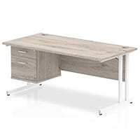 Impulse Rectangular Office Desk W1600xD800xH730mm White Double Cantilever Legs Grey Oak Top - Supplied With Matching 2-Drawer Fixed Pedestal