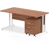 Impulse Rectangular Office Desk W1600xD800xH730mm White Double Cantilever Legs Walnut Top - Supplied With Matching 2 Drawer Mobile Pedestal