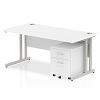 Impulse Rectangular Office Desk W1600xD800xH730mm Silver Double Cantilever Legs White Top - Supplied With Matching 2 Drawer Mobile Pedestal