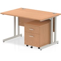 Impulse Rectangular Office Desk W1200xD800xH730mm Silver Double Cantilever Legs Oak Top - Supplied With Matching 2 Drawer Mobile Pedestal