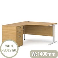 Maestro 25 WL left hand ergonomic desk 1400mm with white cantilever frame and desk high pedestal - oak
