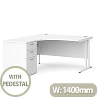 Maestro 25 WL left hand ergonomic desk 1400mm with white cantilever frame and desk high pedestal - white