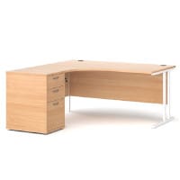 Maestro 25 WL left hand ergonomic desk 1600mm with white cantilever frame and desk high pedestal - beech