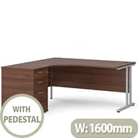 Maestro 25 WL left hand ergonomic desk 1600mm with white cantilever frame and desk high pedestal - walnut