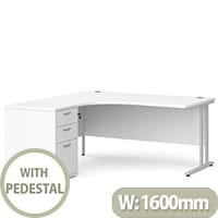 Maestro 25 WL left hand ergonomic desk 1600mm with white cantilever frame and desk high pedestal - white