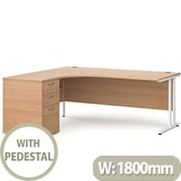 Maestro 25 WL left hand ergonomic desk 1800mm with white cantilever frame and desk high pedestal - beech