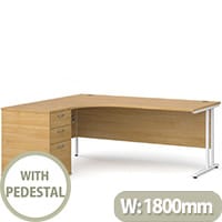 Maestro 25 WL left hand ergonomic desk 1800mm with white cantilever frame and desk high pedestal - oak