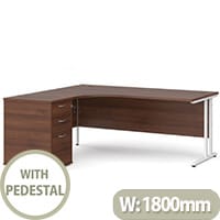 Maestro 25 WL left hand ergonomic desk 1800mm with white cantilever frame and desk high pedestal - walnut