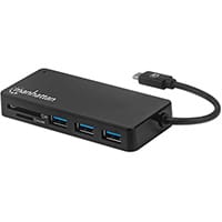 Manhattan USB-C Dock/Hub with Card Reader, Ports (x3): USB-A (x3), 5 Gbps (USB 3.2 Gen1 aka USB 3.0), External Power Supply Not Needed, SuperSpeed USB, Black, Three Year Warranty, Retail Box, USB 2.0 Type-C, USB 3.2 Gen 1 (3.1 Gen 1) Type-A, MMC, MicroSD