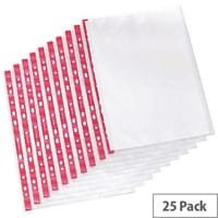 Q-Connect Punched Pocket, A4, Deluxe Side-Opening, Red Strip, 75 Micron (Pack of 25, Ref KF01123) - Easy Access Filing Pockets