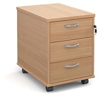 Mobile 3 drawer pedestal with silver handles 600mm deep - beech