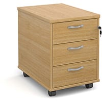 Mobile 3 drawer pedestal with silver handles 600mm deep - oak