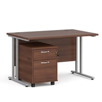 Maestro 25 SL straight desk 1200mm x 800mm with silver cantilever frame and 2 drawer pedestal - walnut