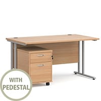 Maestro 25 SL straight desk 1400mm x 800mm with silver cantilever frame and 2 drawer pedestal - beech