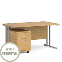 Maestro 25 SL straight desk 1400mm x 800mm with silver cantilever frame and 2 drawer pedestal - oak