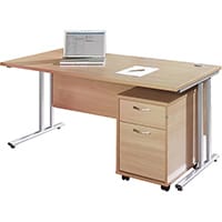 Maestro 25 WL straight desk 1200mm x 800mm with white cantilever frame and 2 drawer pedestal - oak