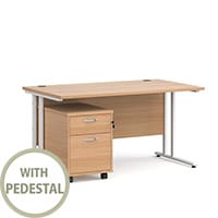 Maestro 25 WL straight desk 1400mm x 800mm with white cantilever frame and 2 drawer pedestal - beech