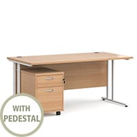 Maestro 25 WL straight desk 1600mm x 800mm with white cantilever frame and 2 drawer pedestal - beech