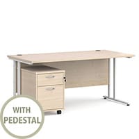 Maestro 25 WL straight desk 1600mm x 800mm with white cantilever frame and 2 drawer pedestal - oak