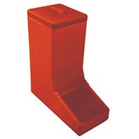 Table Top Dispense Bin With Clear Flap And Top Lid Allowing It To Be Filled From The Top Red