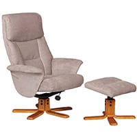 Montreal Luxury Recliner Fabric Upholstered Armchair With Matching Footstool Cream Fabric With Cherry Wood Finish Base