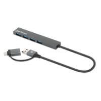 Manhattan USB-C & USB-A Combo Dock/Hub, Ports (4): USB-A (x4), 5 Gbps (USB 3.2 Gen1 aka USB 3.0), External Power Supply Not Needed, Universal for all devices, Cable 25cm, SuperSpeed USB, Black, Three Year Warranty