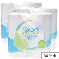 2Work ECO Toilet Tissue Paper Rolls White Roll 2-Ply 200 Sheet Pack of 36 Rolls T22006