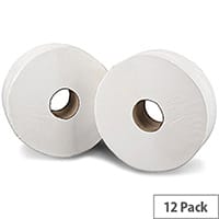 2Work Pack of 12 Mini Jumbo 60mm Core Dispenser Toilet Paper Rolls Refills 2Ply 200m White J26200