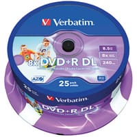 Verbatim DVD-R DL 8x 8.5GB No ID Wide Printable Spindle (Pack of 25) 43667