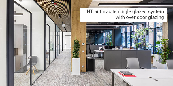 HT anthracite single glazed system with over door glazing