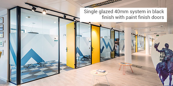 single glazed 40mm system in black finish with paint finish doors